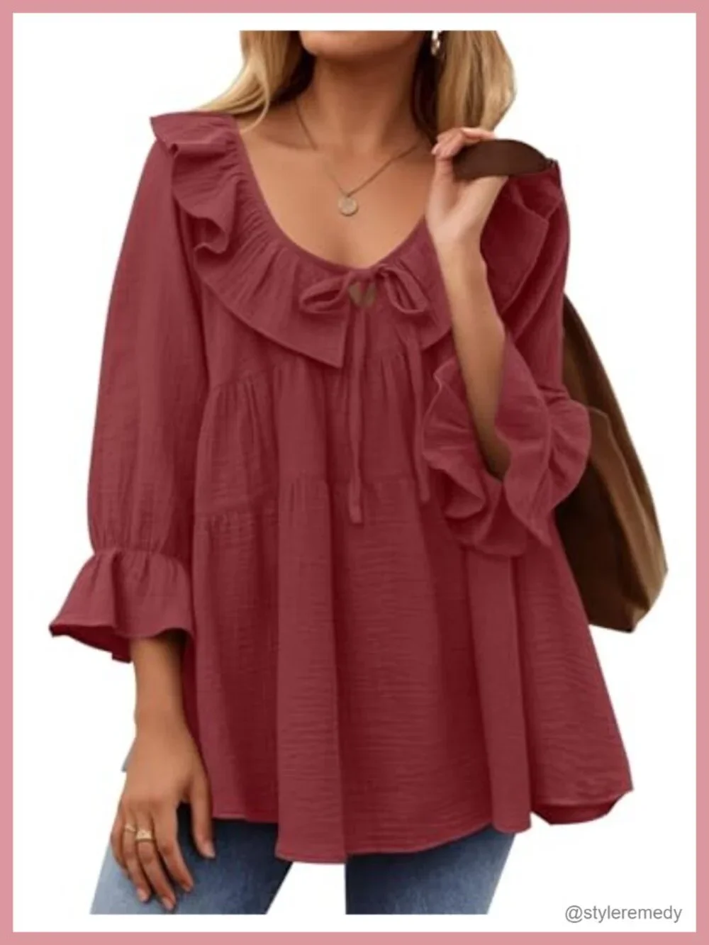 Boho Tie Front Puff Sleeve Ruffle Blouse Tunic Top 3/4 Length Loose Fit Women